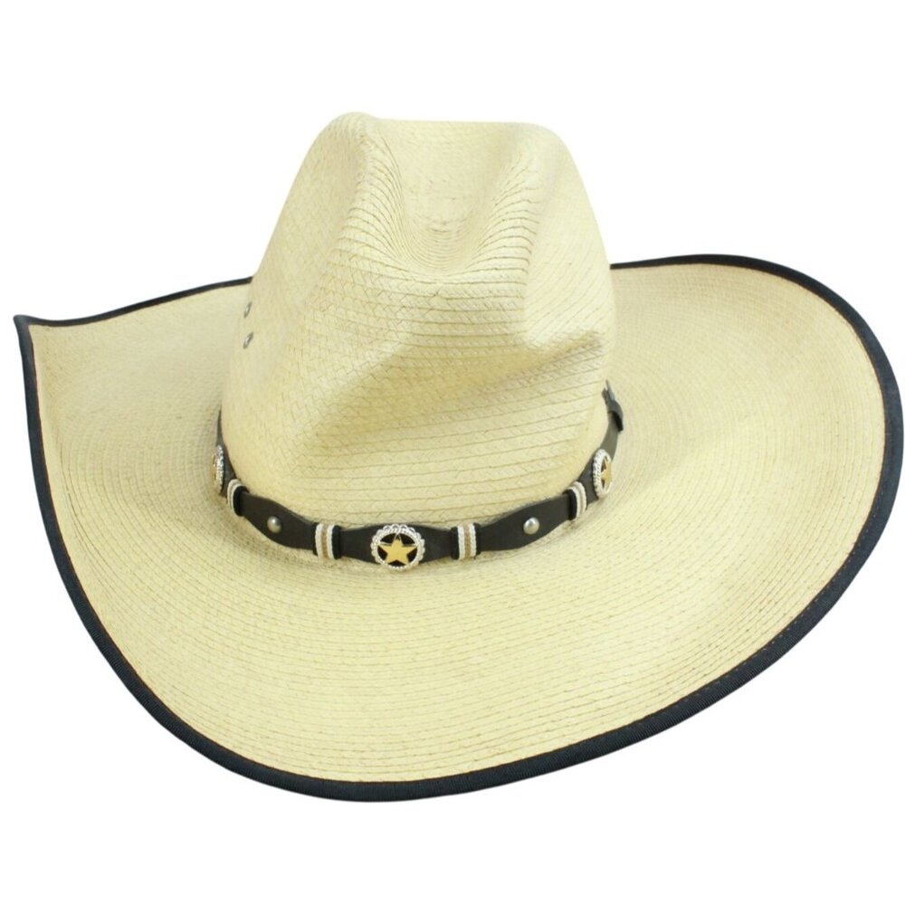 Cavender's Ivory Straw Leather Trim Palm Leaf Rodeo Cowboy Hat Size 7 1/4